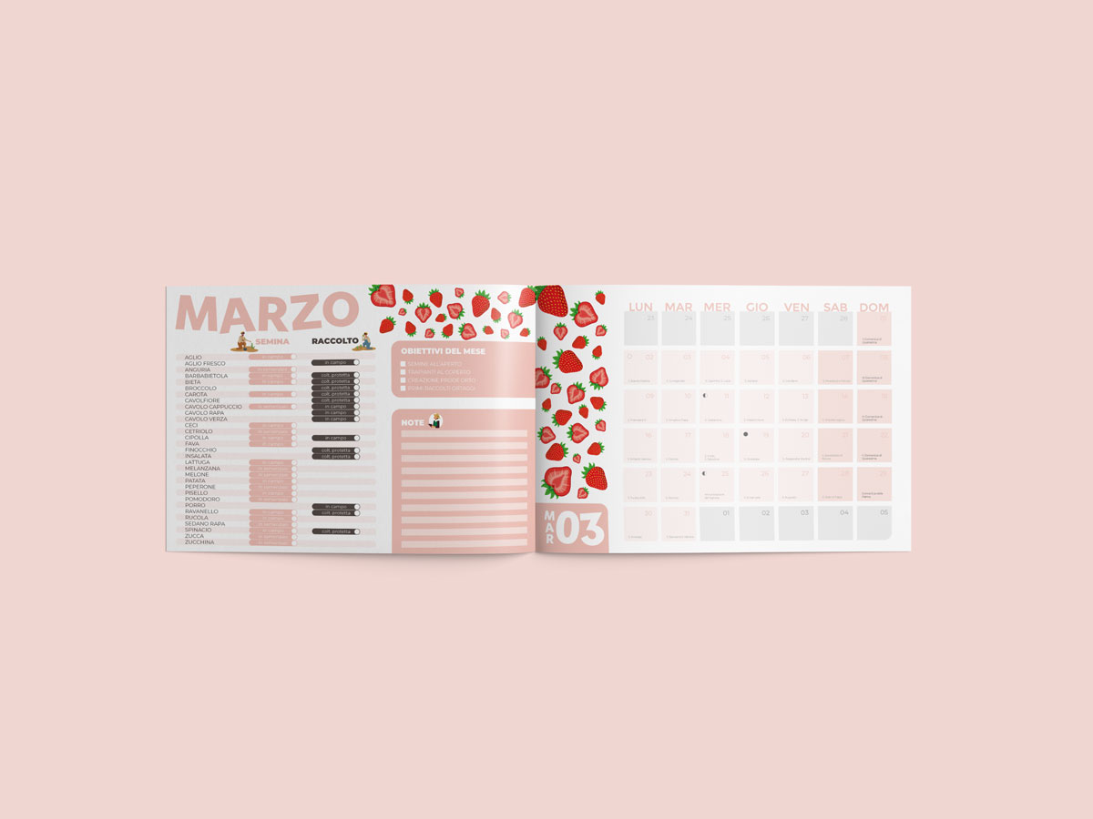 Apertura di marzo, con le illustrazioni di fragole e la palette rosa del mese
